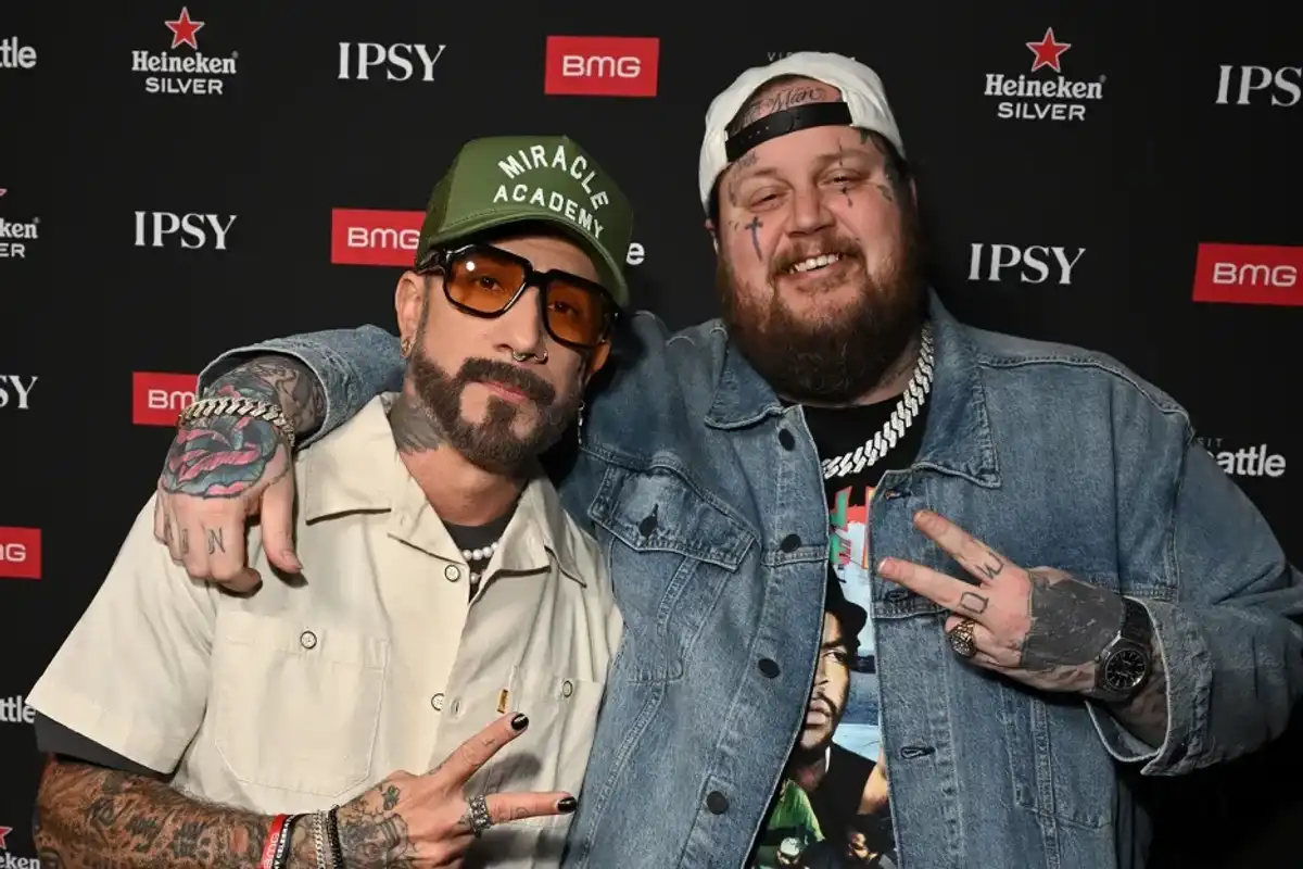 AJ McLean and Jelly Roll attend the 2024 BMG Pre-Grammy Party at Bar Lis on Jan. 30, 2024 in Los Angeles, California.