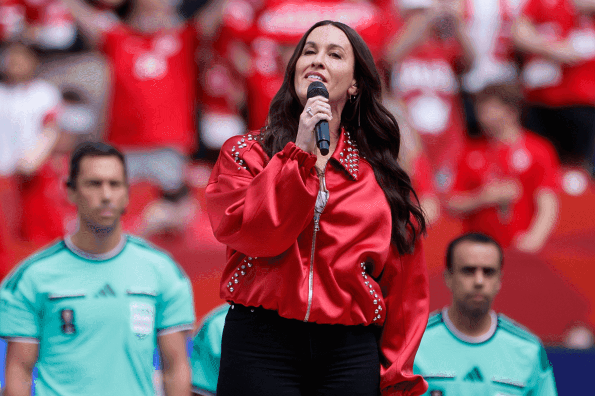 Alanis Morissette performs the Canadian national anthem during the opening ceremony before the FIFA World Cup 2026 Group B match between Canada and Bosnia and Herzegovina at Toronto Stadium on June 12, 2026.