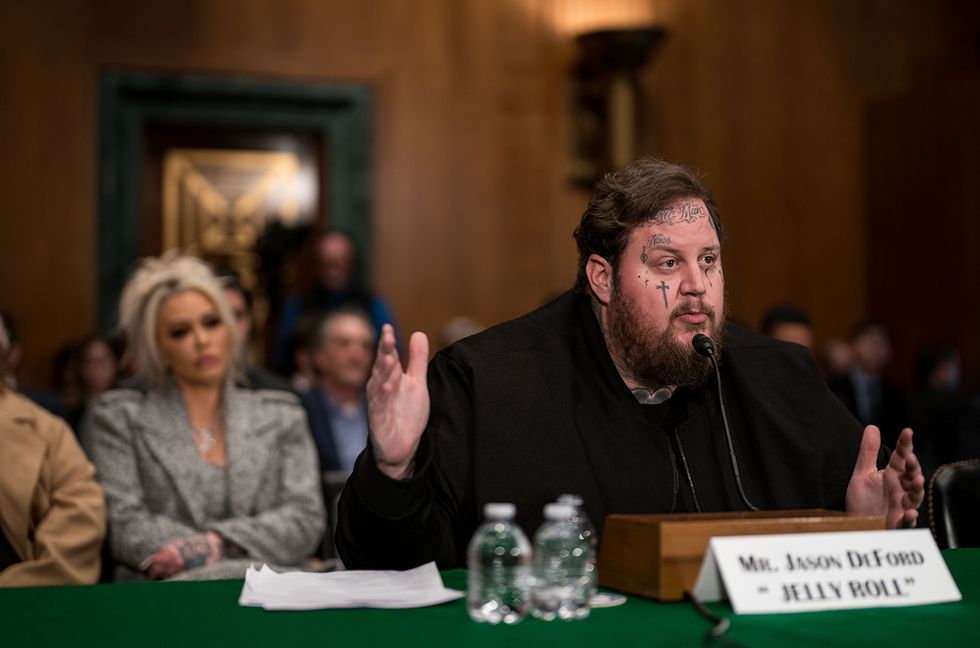 American singer and songwriter Jason "Jelly Roll" DeFord testifies before the Senate Banking, Housing, and Urban Affairs committee on January 11, 2024 in Washington, DC. The hearing examined legislative solutions and public education for stopping the flow of fentanyl into and throughout the United States.