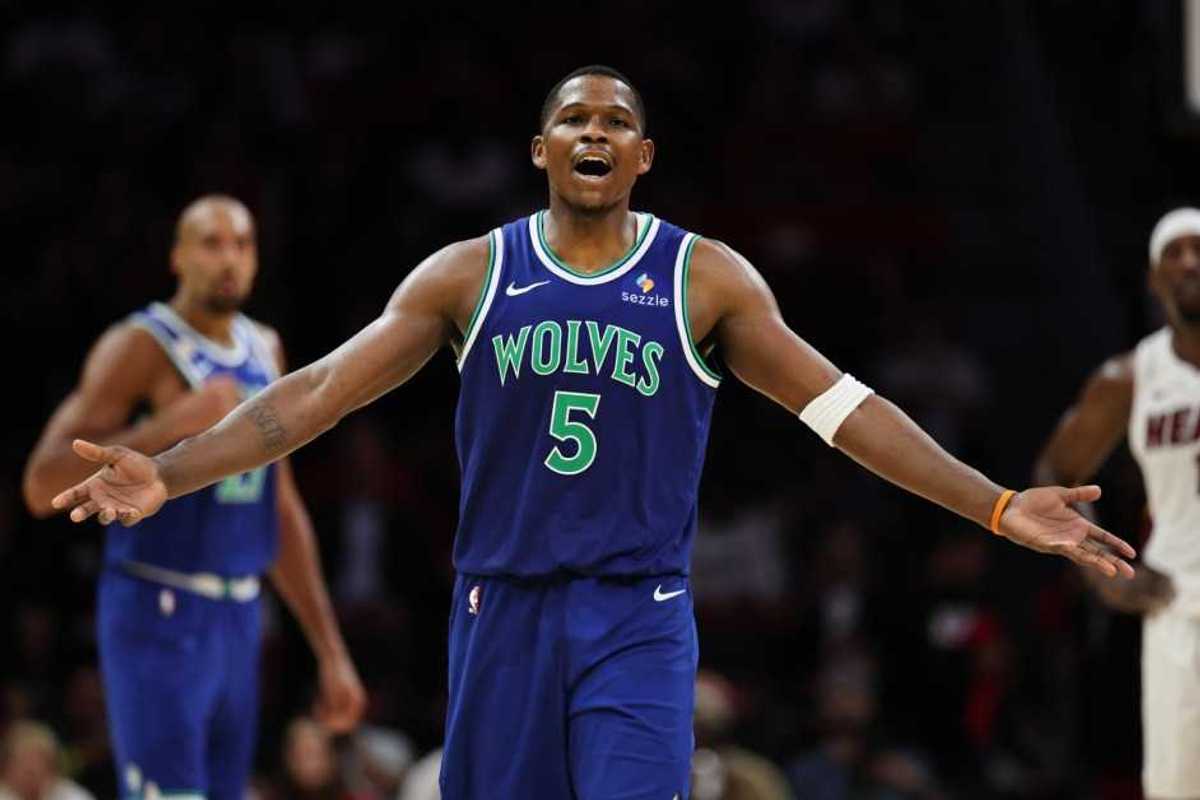 Anthony Edwards #5 of the Minnesota Timberwolves reacts against the Miami Heat at Kaseya Center on October 21, 2026 in Miami, Florida.