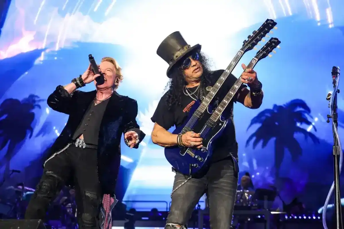 Axl Rose and Slash of Guns N' Roses perform onstage during the Power Trip music festival at Empire Polo Club on Oct. 6, 2023 in Indio, Calif.