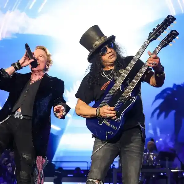 Axl Rose and Slash of Guns N' Roses perform onstage during the Power Trip music festival at Empire Polo Club on Oct. 6, 2023 in Indio, Calif.