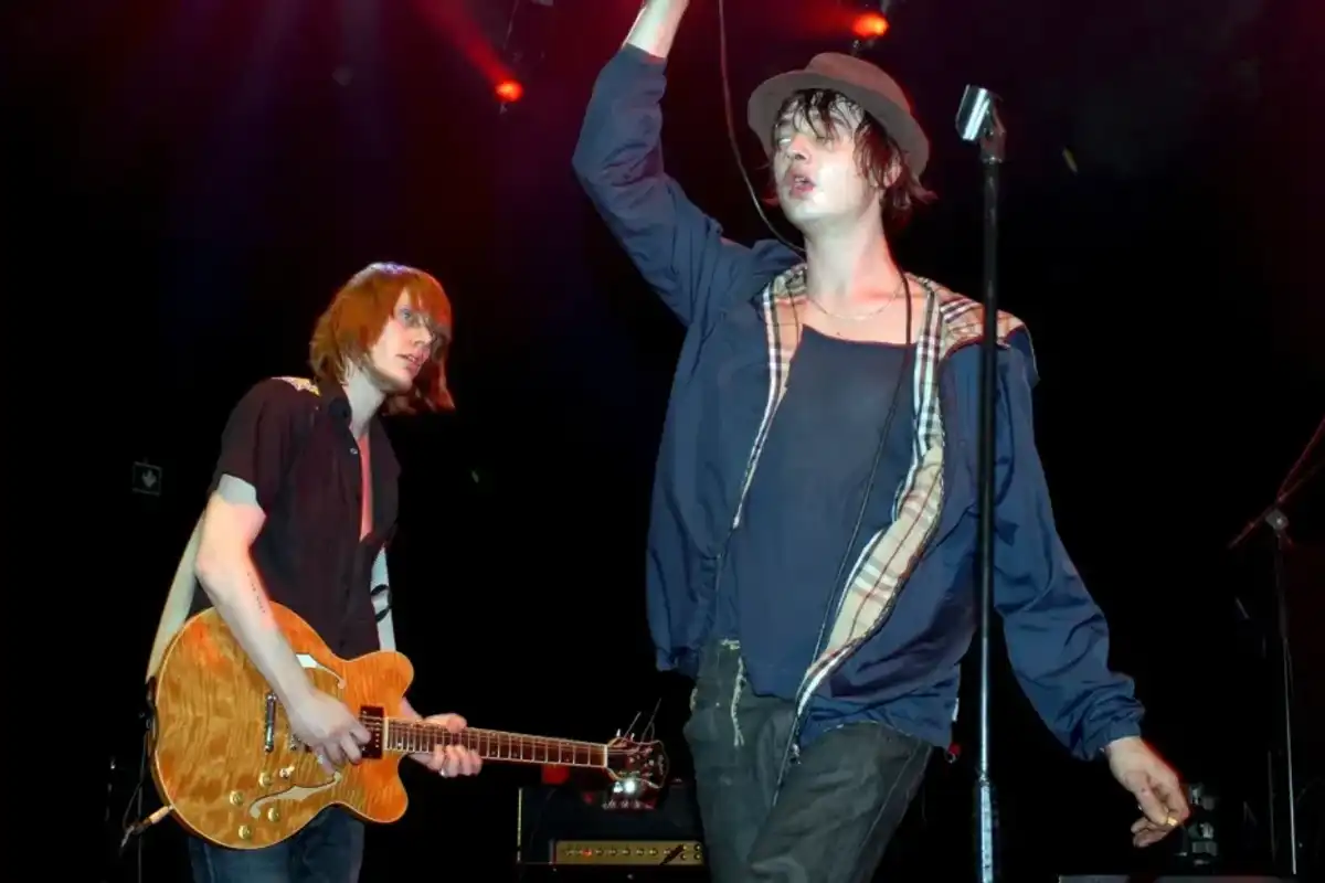 Babyshambles's Patrick Walden (left) and Pete Doherty perform at Shepherds Bush Empire in London on Feb. 20, 2006.