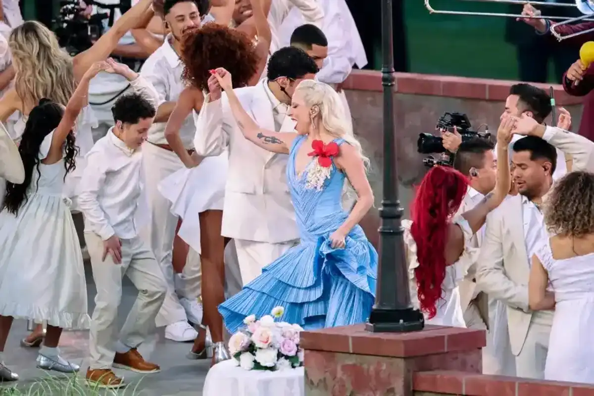 Bad Bunny and Lady Gaga perform at Super Bowl LX held at Levi's Stadium on February 08, 2026 in Santa Clara, California.