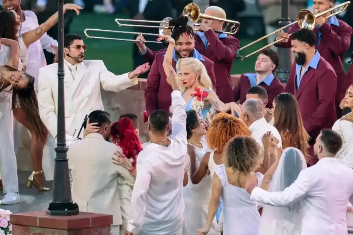 Bad Bunny and Lady Gaga perform at Super Bowl LX held at Levi's Stadium on February 08, 2026 in Santa Clara, California.