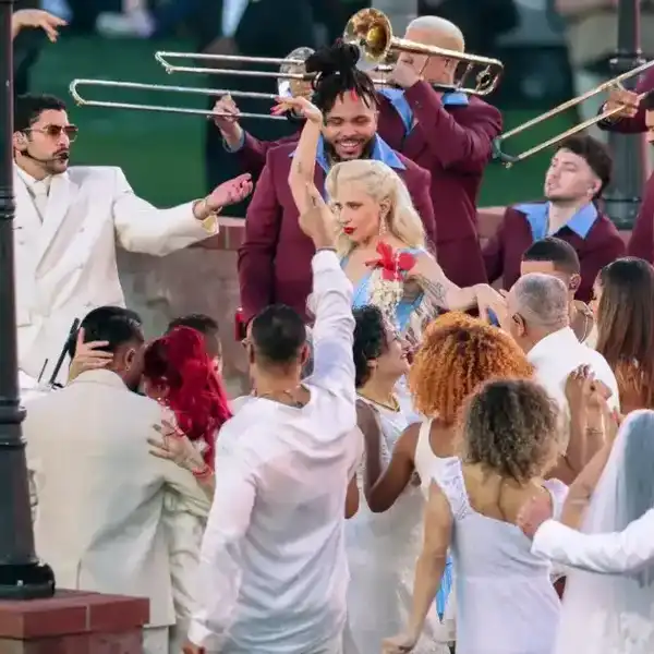 Bad Bunny and Lady Gaga perform at Super Bowl LX held at Levi's Stadium on February 08, 2026 in Santa Clara, California.