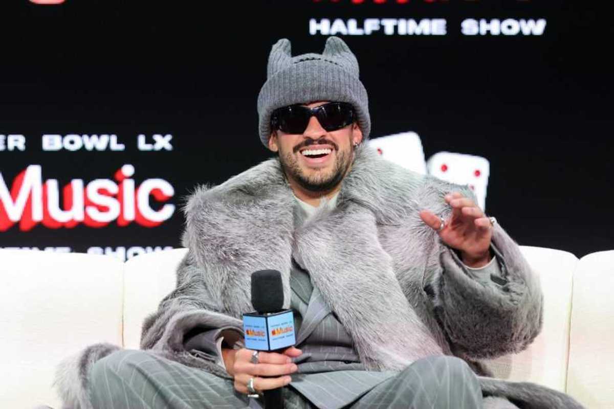 Bad Bunny at the Super Bowl LX Pregame + Apple Music Halftime Show Press Conference on February 5, 2026 in San Francisco, California