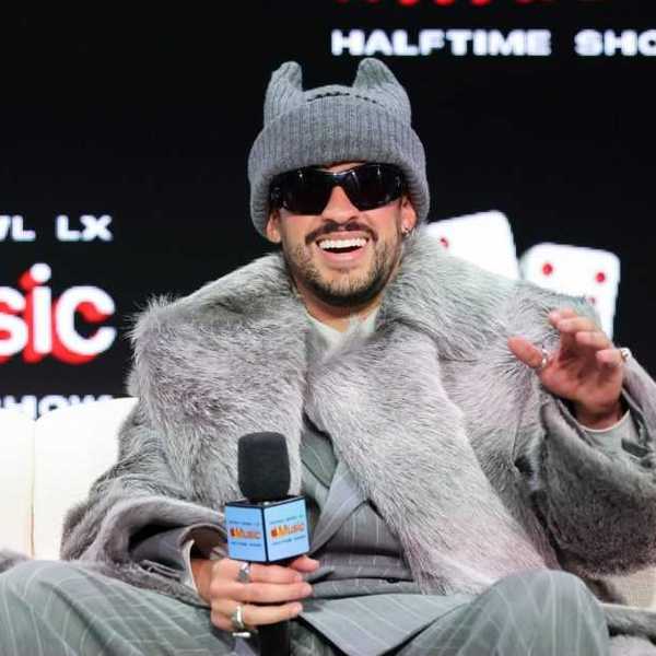 Bad Bunny at the Super Bowl LX Pregame + Apple Music Halftime Show Press Conference on February 5, 2026 in San Francisco, California