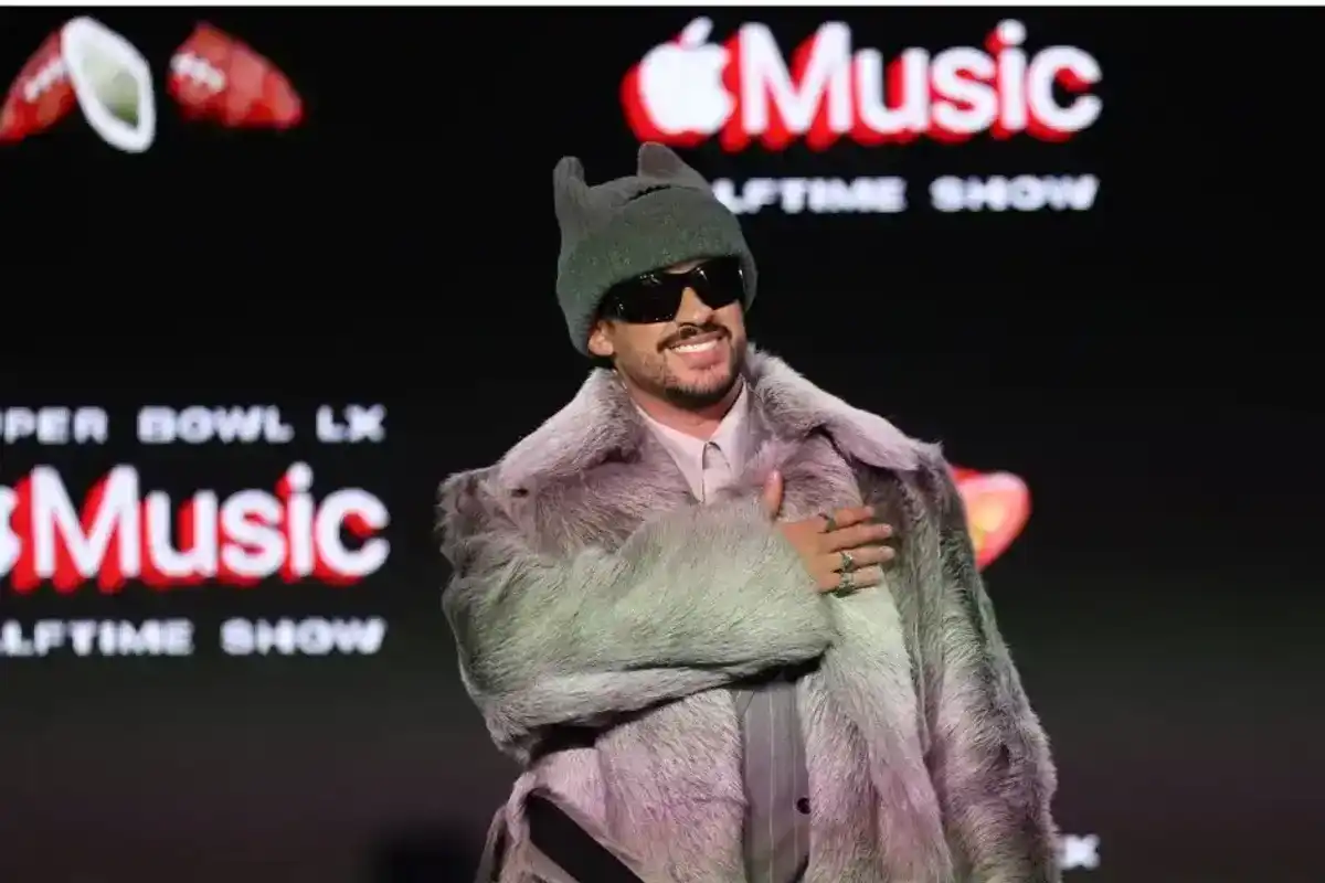Bad Bunny is interviewed during the Super Bowl LX Pregame & Apple Music Super Bowl LX Halftime Show Press Conference at Moscone Center West on February 05, 2026 in San Francisco, California.