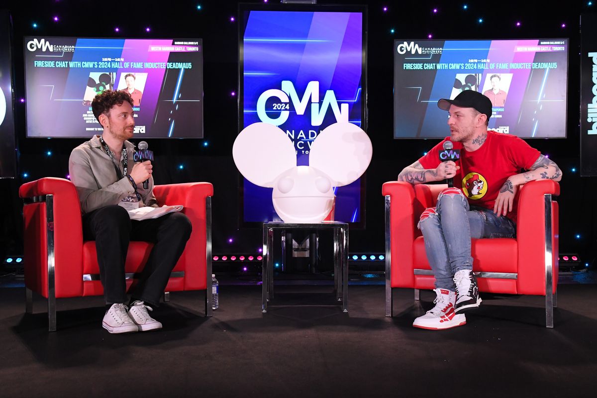 Billboard Canada editor Richard Trapunski (left) interviewing Joel Zimmerman a.k.a. deadmau5 at Canadian Music Week 2024