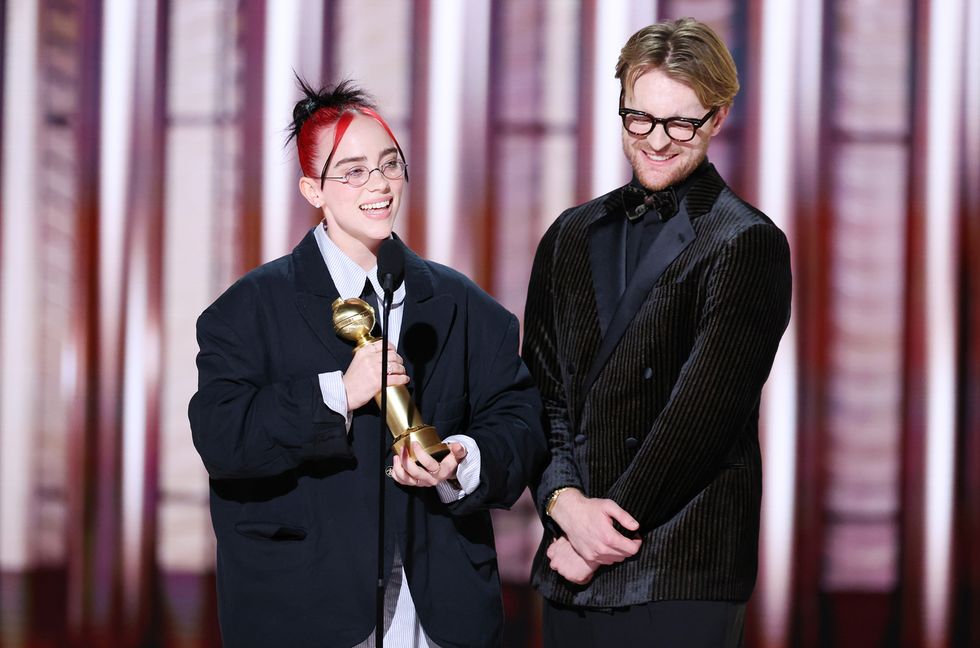 Billie Eilish and FINNEAS accepts the award for Best Original Song – Motion Picture for .“What Was I Made For?” — Barbie Music & Lyrics at the 81st Golden Globe Awards held at the Beverly Hilton Hotel on Jan. 7, 2024 in Beverly Hills, Calif.
