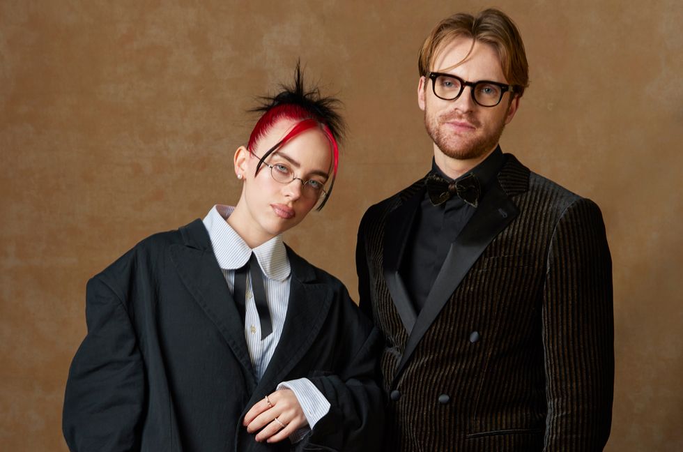 Billie Eilish and FINNEAS at the portrait booth at the 81st Golden Globe Awards held at the Beverly Hilton Hotel on January 7, 2024 in Beverly Hills, Calif.