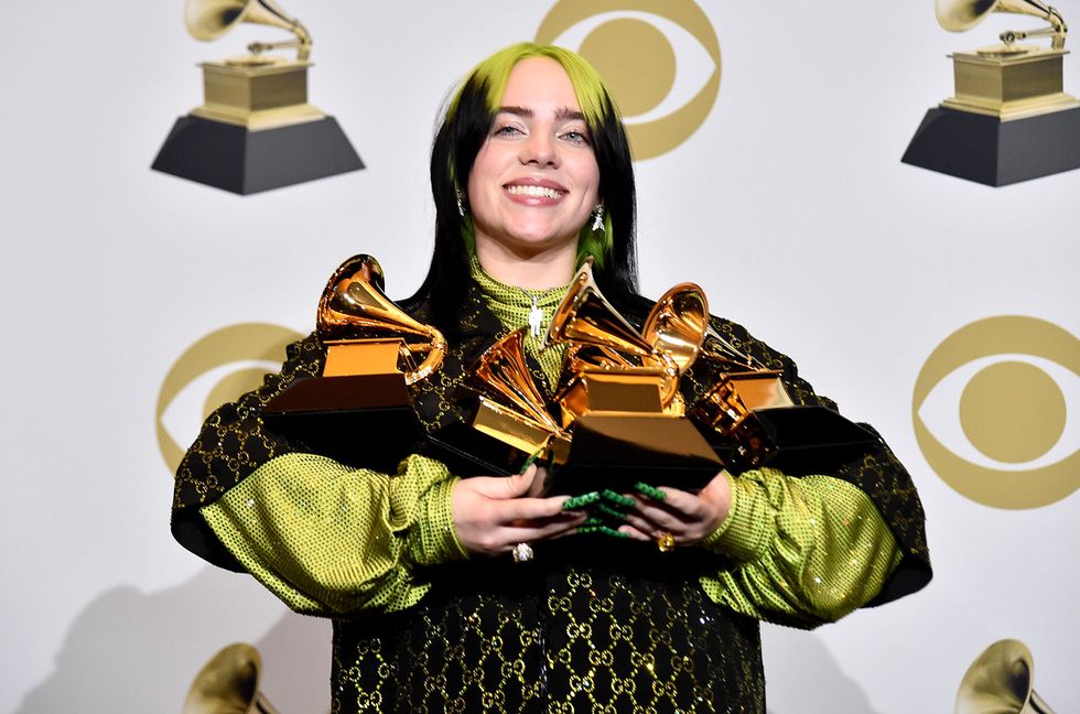 Billie Eilish poses with her awards in the press room during the 62nd Annual Grammy Awards at Staples Center on Jan. 26, 2020 in Los Angeles.