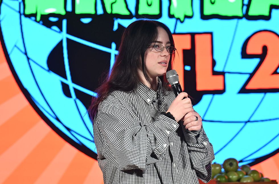 Billie Eilish speaks onstage during "Overheated" presented by Support + Feed and Billie Eilish at State Farm Arena on Nov. 3, 2024 in Atlanta, Georgia.