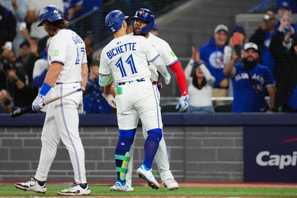 Bo Bichette and Vladimir Guerrero Jr. at the 2025 World Series in Toronto.