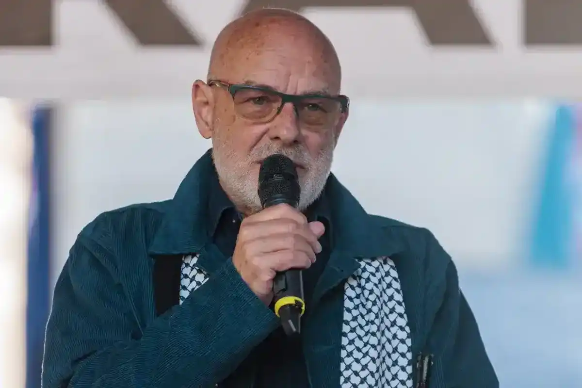 Brian Eno, musician and producer, addresses hundreds of thousands of pro-Palestinian activists taking part in the 32nd National March for Palestine since October 2023 on 11th October 2025 in London, United Kingdom.