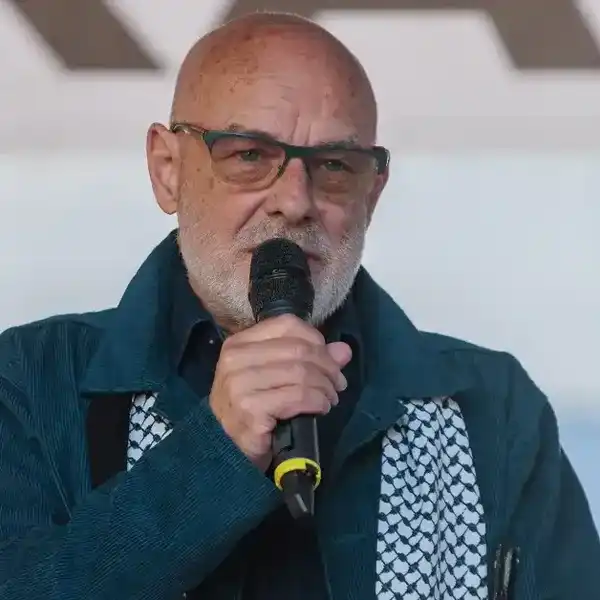 Brian Eno, musician and producer, addresses hundreds of thousands of pro-Palestinian activists taking part in the 32nd National March for Palestine since October 2023 on 11th October 2025 in London, United Kingdom.