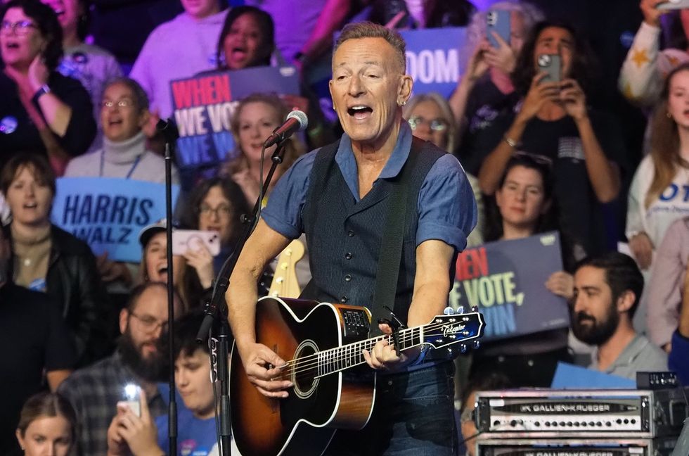 Bruce Springsteen performs before former U.S. President Barack Obama speaks during a campaign rally in support of Democratic presidential nominee, U.S. Vice President Kamala Harris at Temple University on October 28, 2024 in Philadelphia.