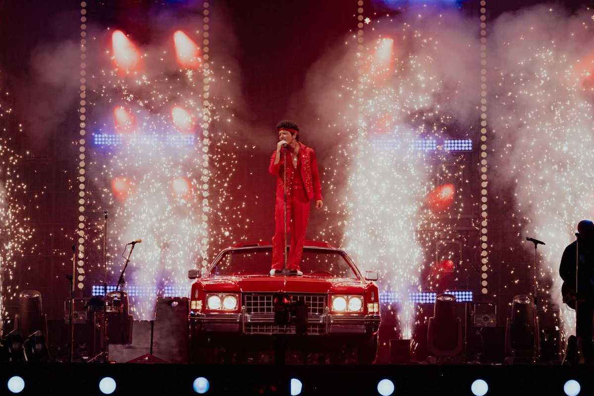 Bruno Mars performs during The Romantic Tour kickoff at Las Vegas The Cosmopolitan and Dolby Live on April 10, 2026.