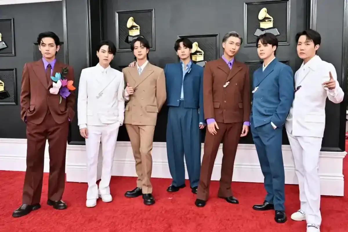 BTS at the 64th Annual Grammy Awards held at the MGM Grand Garden Arena on April 3, 2022, in Las Vegas.