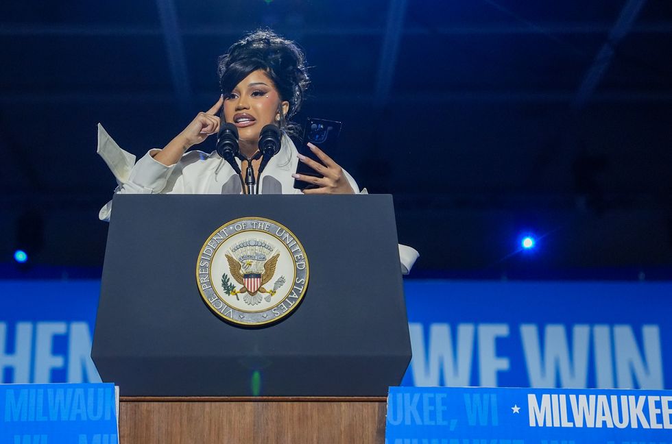 Cardi B speaks during a campaign rally for Democratic presidential nominee, U.S. Vice President Kamala Harris at the Wisconsin State Fair Park Exposition Center on November 1, 2024 in West Allis, Wisconsin.