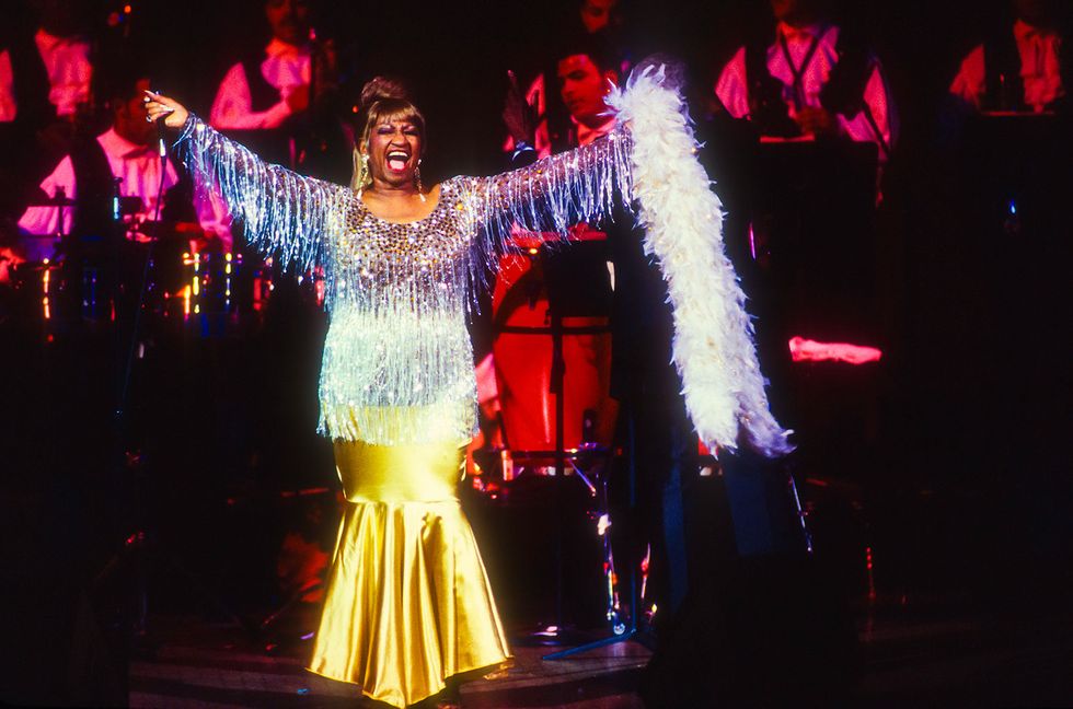 Celia Cruz (1925 - 2003) performs at the JVC Jazz Festival concert 'Two Divas and a Lion' at Carnegie Hall, New York, New York, July 1, 1995.