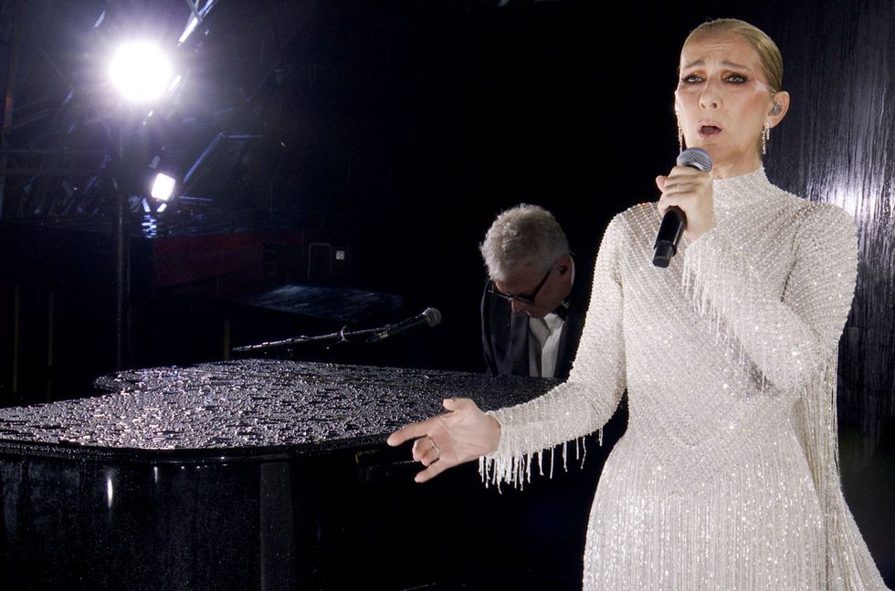 Celine Dion performing on the Eiffel Tower during the opening ceremony of the Paris 2024 Olympic Games Paris 2024 on July 26, 2024 in Paris, France.