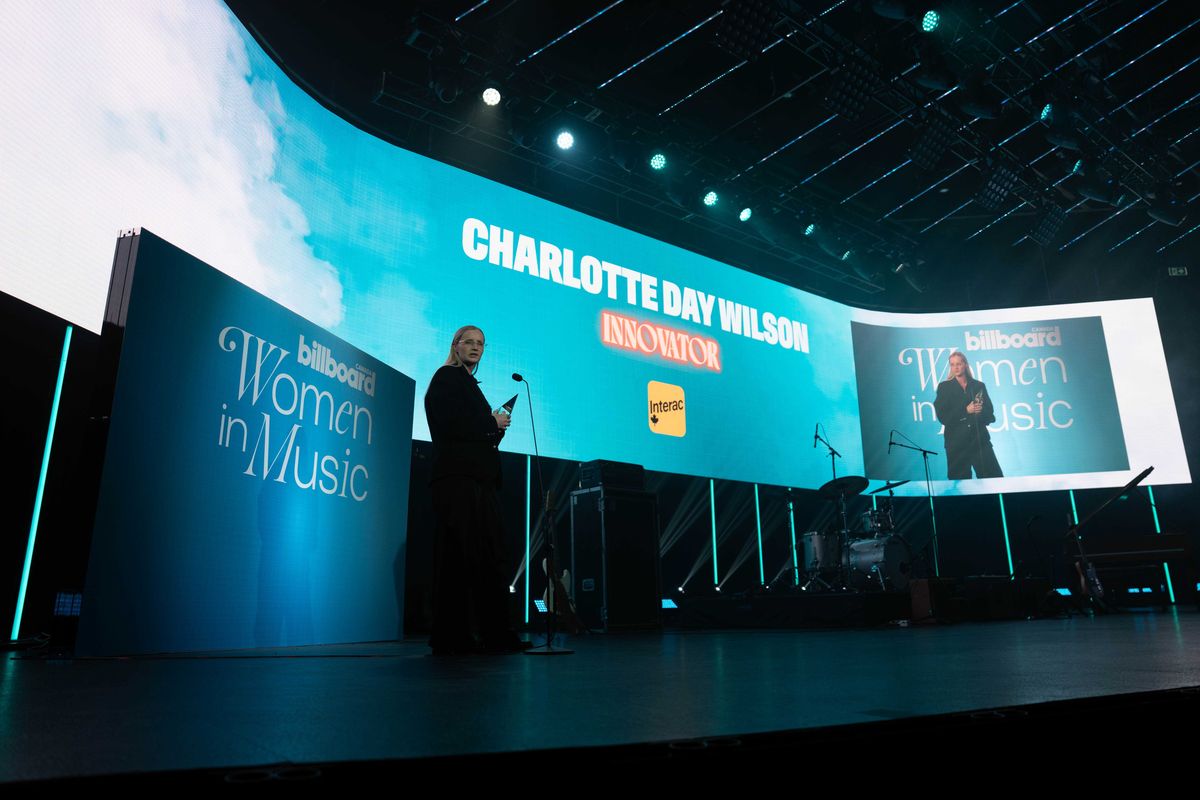 Charlotte Day Wilson accepts the Women of the Year award at Billboard Canada Women in Music on Oct. 1, 2025 at Rebel in Toronto.