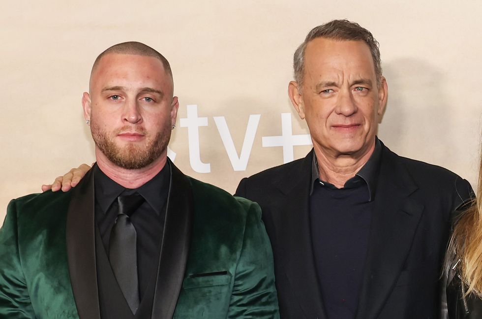 Chet Hanks and Tom Hanks attend the world premiere of Apple TV+'s "Masters Of The Air" at Regency Village Theatre on Jan. 10, 2024 in Los Angeles, California.