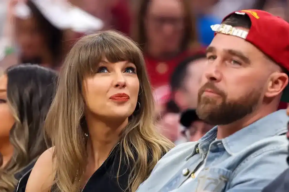 CLEVELAND, OHIO - MAY 23: (L-R) Singer Taylor Swift and Travis Kelce of the Kansas City Chiefs attend Game Three between the New York Knicks and the Cleveland Cavaliers in the NBA Eastern Conference Finals at Rocket Arena on May 23, 2026 in Cleveland, Ohio.