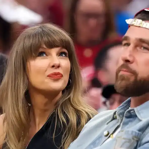 CLEVELAND, OHIO - MAY 23: (L-R) Singer Taylor Swift and Travis Kelce of the Kansas City Chiefs attend Game Three between the New York Knicks and the Cleveland Cavaliers in the NBA Eastern Conference Finals at Rocket Arena on May 23, 2026 in Cleveland, Ohio.