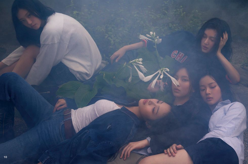 Clockwise from top left: Haerin, Danielle, Hanni, Hyein, Minji. Styling by Choi Yumi. Hair by Lee Hye Jin. Makeup by Lee Nakyeum. All wardrobe by Calvin Klein.