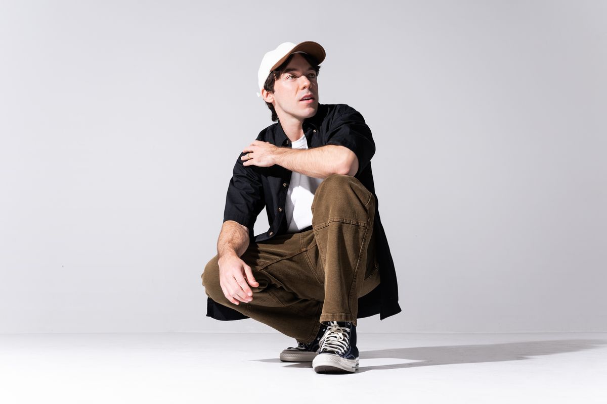 Connor Price photographed by Lane Dorsey on Apr. 2, 2025 in Toronto. Styling by Lilli Wickham and style coordinating by Liam Colbourne. Purple Hearts Supply pants and Converse shoes.