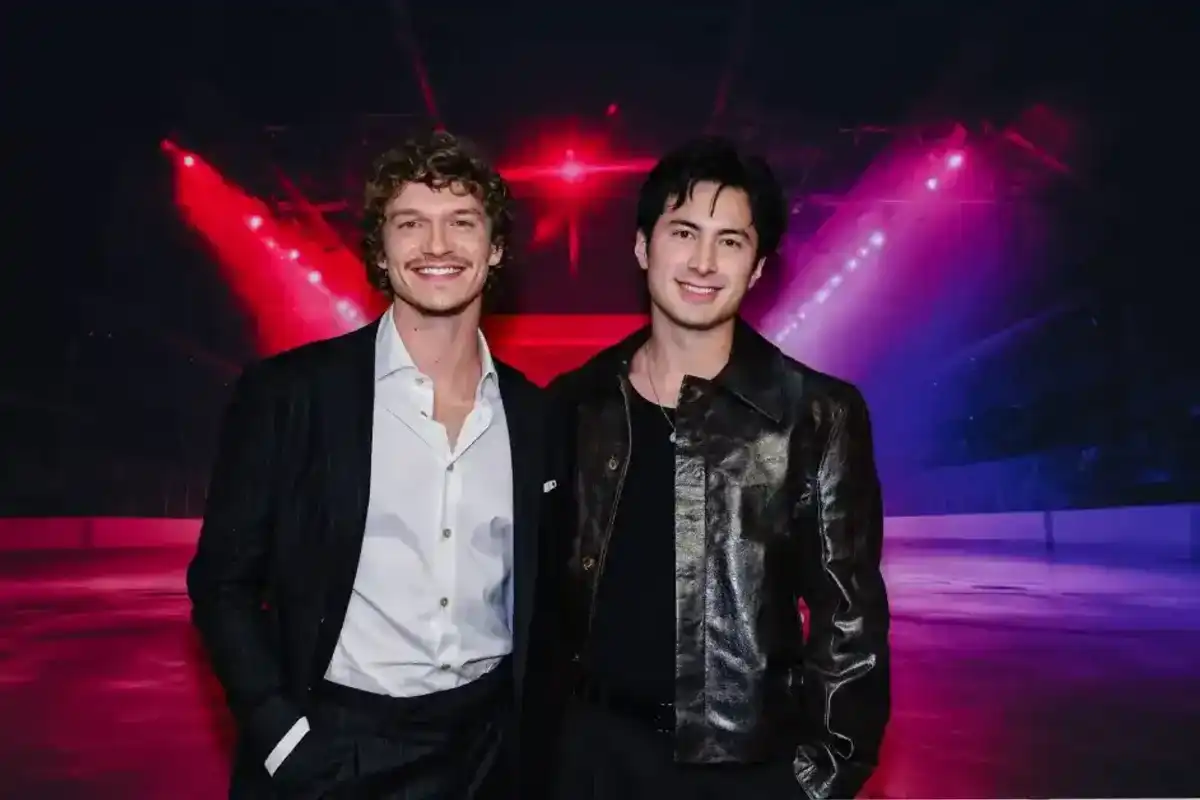Connor Storrie and Hudson Williams attend the premiere of "Heated Rivalry" at TIFF Lightbox on November 24, 2025 in Toronto, Ontario.