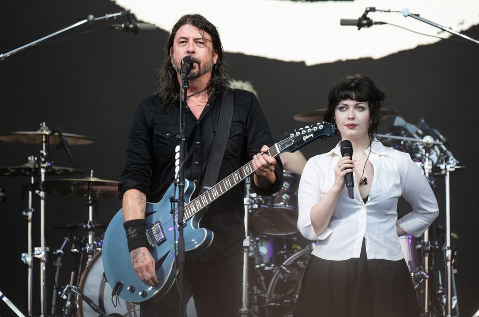Dave Grohl from the Foo Fighters performs with his daughter Violet Grohl on The Pyramid Stage at Day 3 of Glastonbury Festival 2023 on June 23, 2023 in Glastonbury, England.
