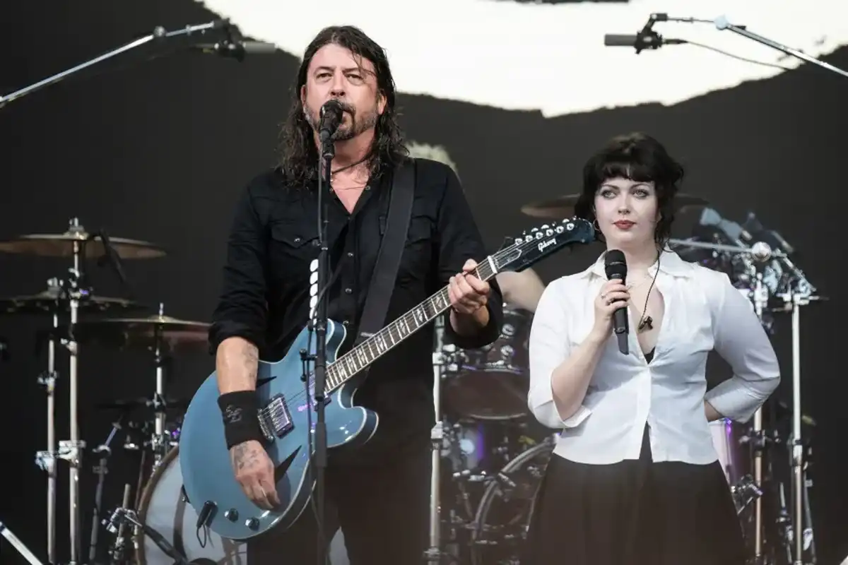 Dave Grohl from the Foo Fighters performs with his daughter Violet Grohl on The Pyramid Stage at Day 3 of Glastonbury Festival 2023 on June 23, 2023, in Glastonbury, England.