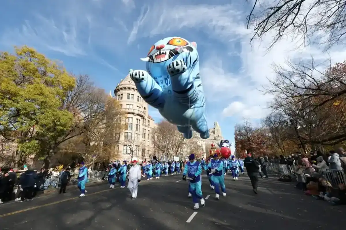 Derpy Tiger balloon during the 2025 Macy's Thanksgiving Day Parade on November 27, 2025 in New York City.