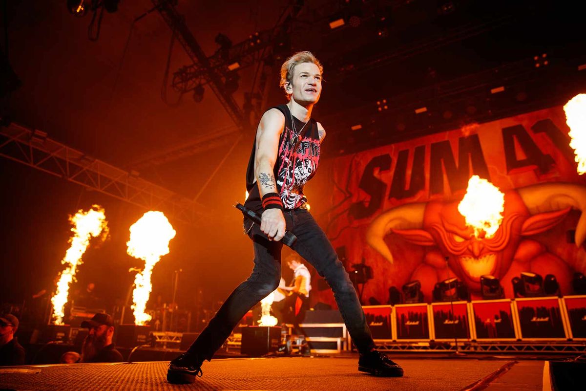 Deryck Whibley of Sum 41 performs during the "Does This Look All Killer No Filler" tour at Alexandra Palace on October 21, 2022 in London.