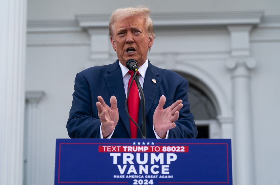 Donald Trump holds a news conference outside the Trump National Golf Club Bedminster on August 15, 2024 in Bedminster, New Jersey.