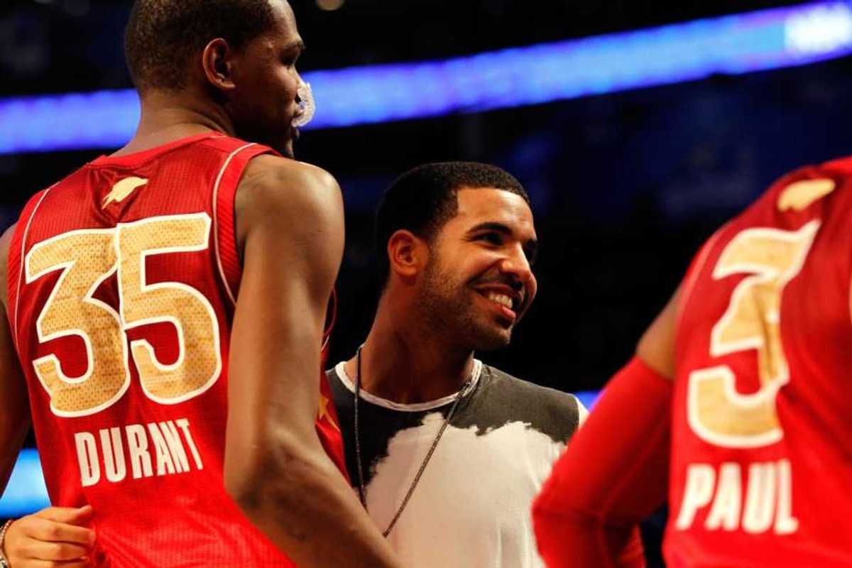 Drake greets Kevin Durant #35 of the Oklahoma City Thunder and the Western Conference during the 2012 NBA All-Star Game at the Amway Center on February 26, 2012 in Orlando, Fla.