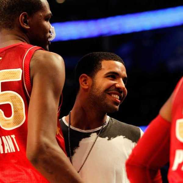 Drake greets Kevin Durant #35 of the Oklahoma City Thunder and the Western Conference during the 2012 NBA All-Star Game at the Amway Center on February 26, 2012 in Orlando, Fla.