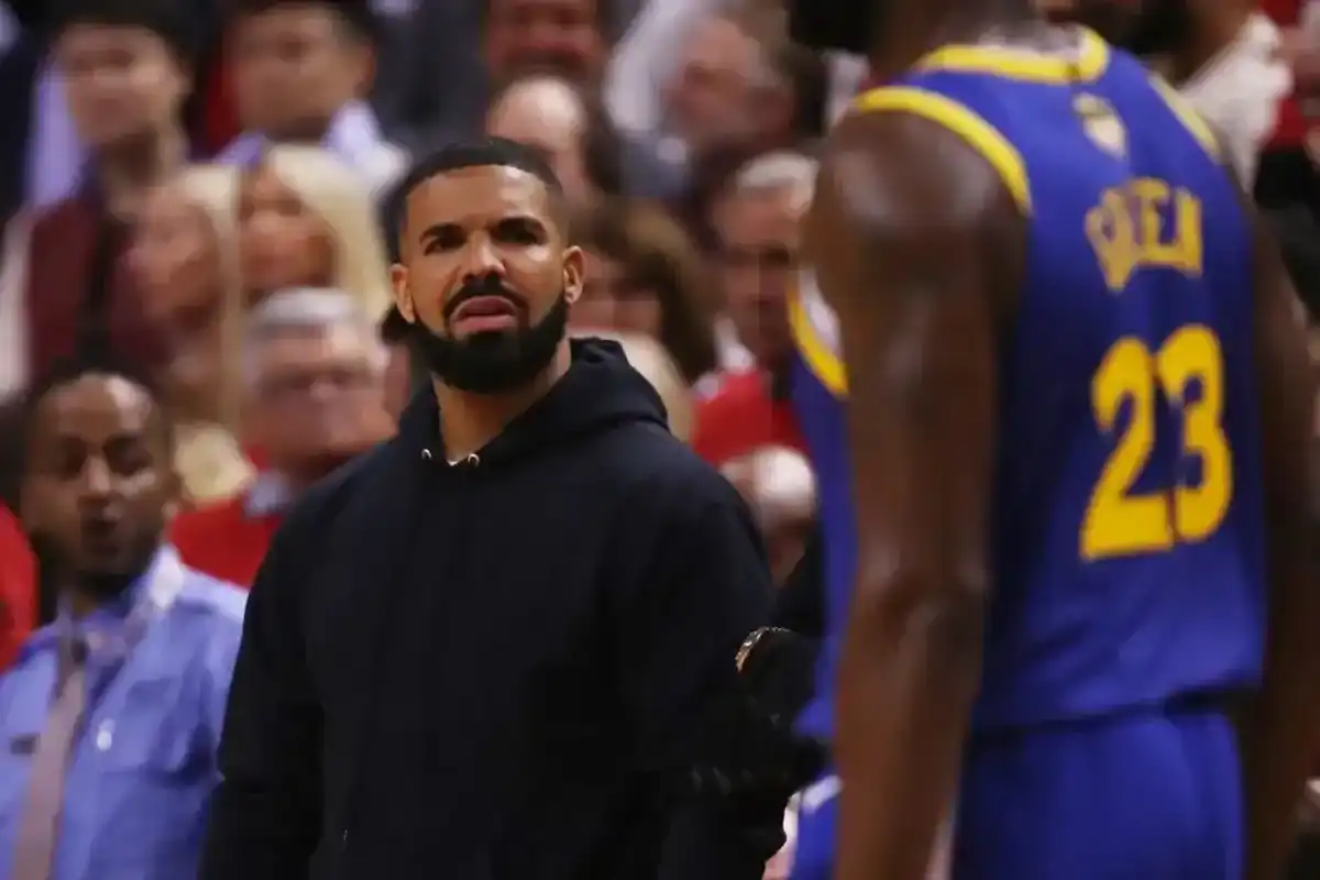 Drake reacts in the first half during Game Two of the 2019 NBA Finals between the Golden State Warriors and the Toronto Raptors at Scotiabank Arena on June 2, 2019, in Toronto.