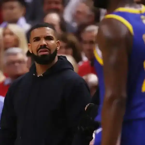 Drake reacts in the first half during Game Two of the 2019 NBA Finals between the Golden State Warriors and the Toronto Raptors at Scotiabank Arena on June 2, 2019, in Toronto.