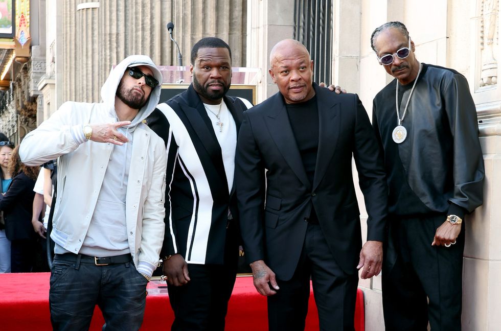 Eminem, 50 Cent, Dr. Dre and Snoop Dogg attend the Hollywood Walk of Fame Star Ceremony for Dr. Dre on March 19, 2024 in Hollywood, Calif.