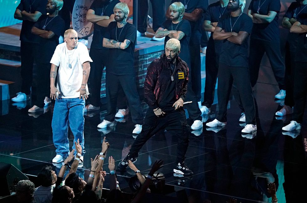 Eminem performs on stage during the MTV Video Music Awards at UBS Arena in Elmont, New York, on Sept. 11, 2024.