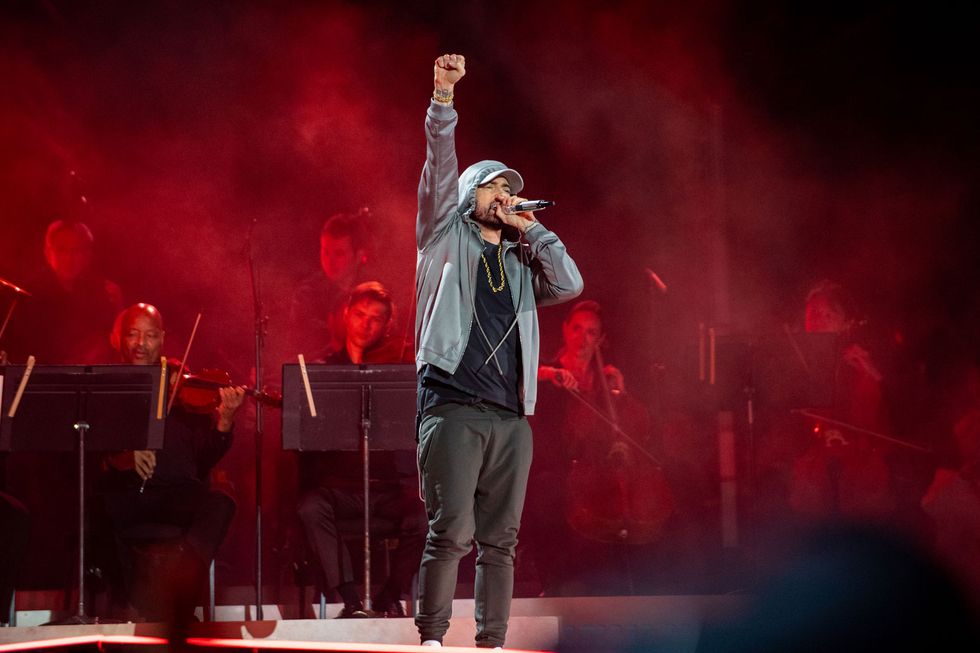 Eminem performs onstage at Live from Detroit: The Concert at Michigan Central" at Michigan Central Station on June 06, 2024 in Detroit, Michigan.
