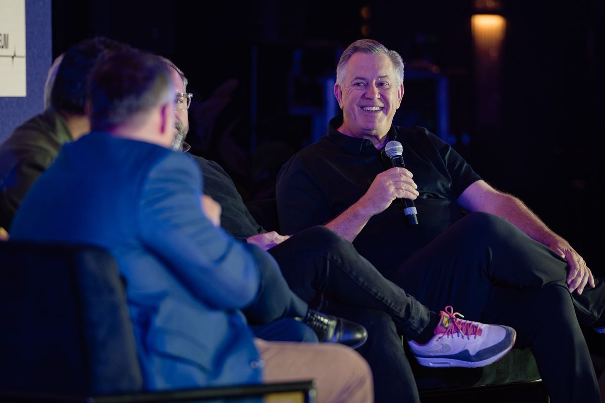 Former Oak View Group CEO Tim Leiweke speaking on State of the Industry panel at Departure at Toronto's Hotel X on May 8, 2025.