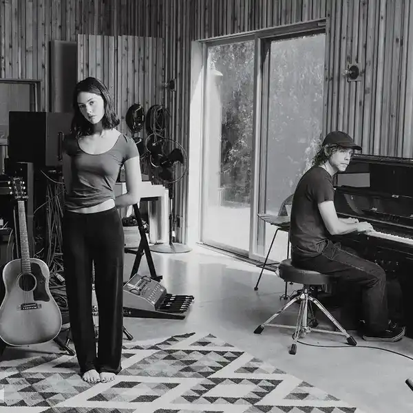 From left: Gracie Abrams and Aaron Dessner photographed by Wesley Mann on September 1, 2023 at Long Pond Studio near Hudson, NY.