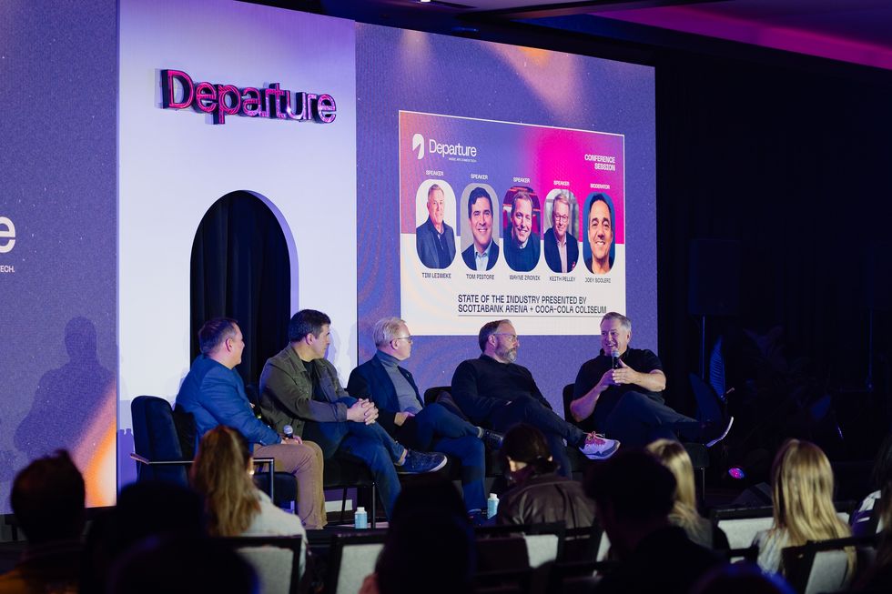 From left: Joey Scoleri, Tom Pistore, Keith Pelley, Wayne Zronik and Tim Leiweke speaking on State of the Industry panel at Departure at Toronto's Hotel X on May 8, 2025.