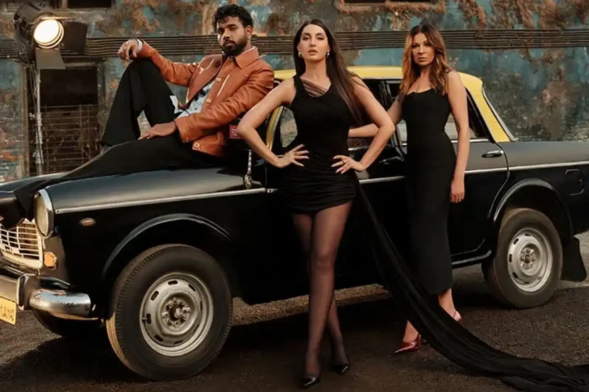 From left: King, Nora Fatehi and Anjula Acharia photographed by Harsh Jani on April 3, 2025 at Mukesh Mills in Mumbai, India.